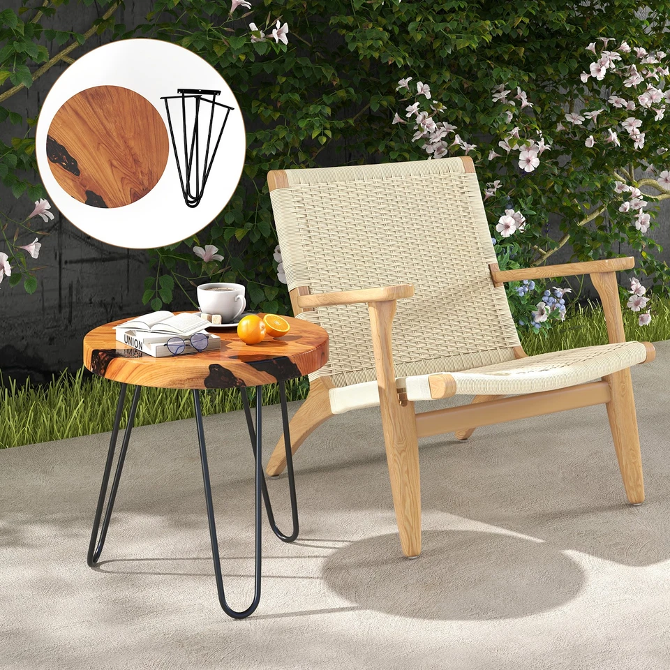 20" Round Teak Wood End Table Solid Live Edge Outdoor Side Table w/Metal Frame - Image 3 of 4