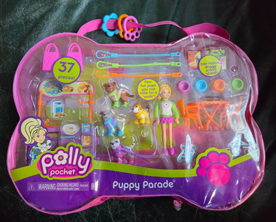 New Sealed Polly Pocket Puppy Parade 37 pc set 4 pet dogs Dalmatian leash bowl