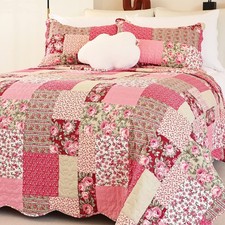 Summer Floral Queen Quilted Bedspread,Romantic Pink Quilt Set Full,Reversible...