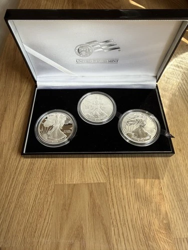 2006 W, P SILVER EAGLE 3 COIN 20TH ANNIVERSARY SET, REVERSE PROOF, SOME SPOTS