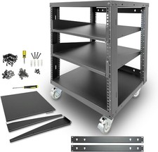 AxcessAbles 12U Open Frame Network AV Rack with Caster Wheels Two 2U Shelves