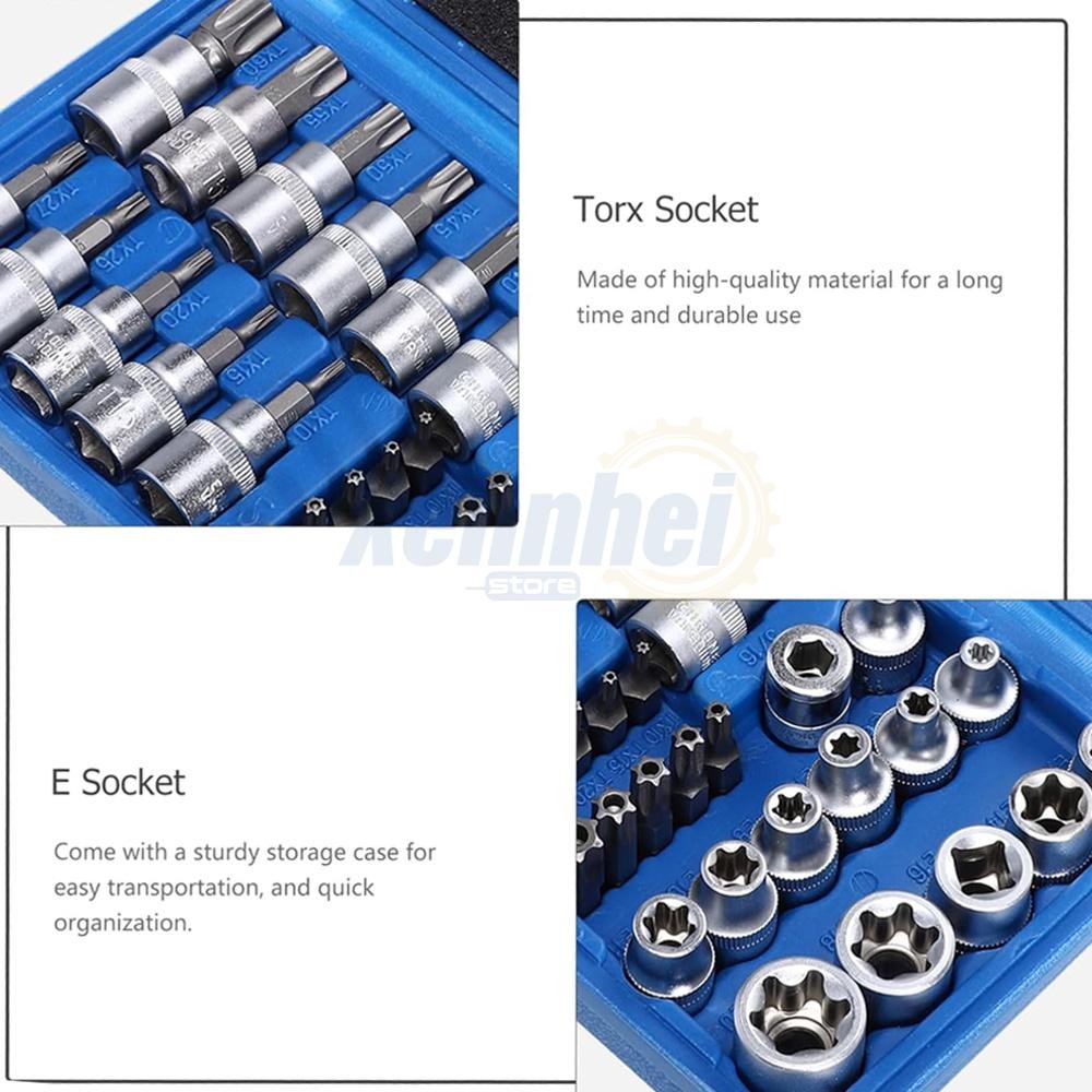 Universal Socket Case 34Pcs Drive Male Female Torx Star Bit Socket E-socket Set Handheld Tool ...