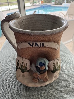 Handmade Pottery Mug   Vail Colorado Ski Bear Design   Rustic Stoneware Cup