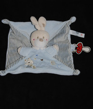 🍀Doudou Lapin Plat Bleu ABC SIMBA TOYS NICOTOY Rayé Gris Attache Tétine NEUF