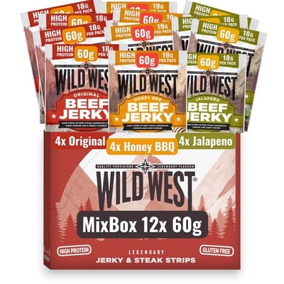 Wild West Beef Jerky Mix Box 60g - 12er Pack Trockenfleisch Rind (62,49 EUR/KG)