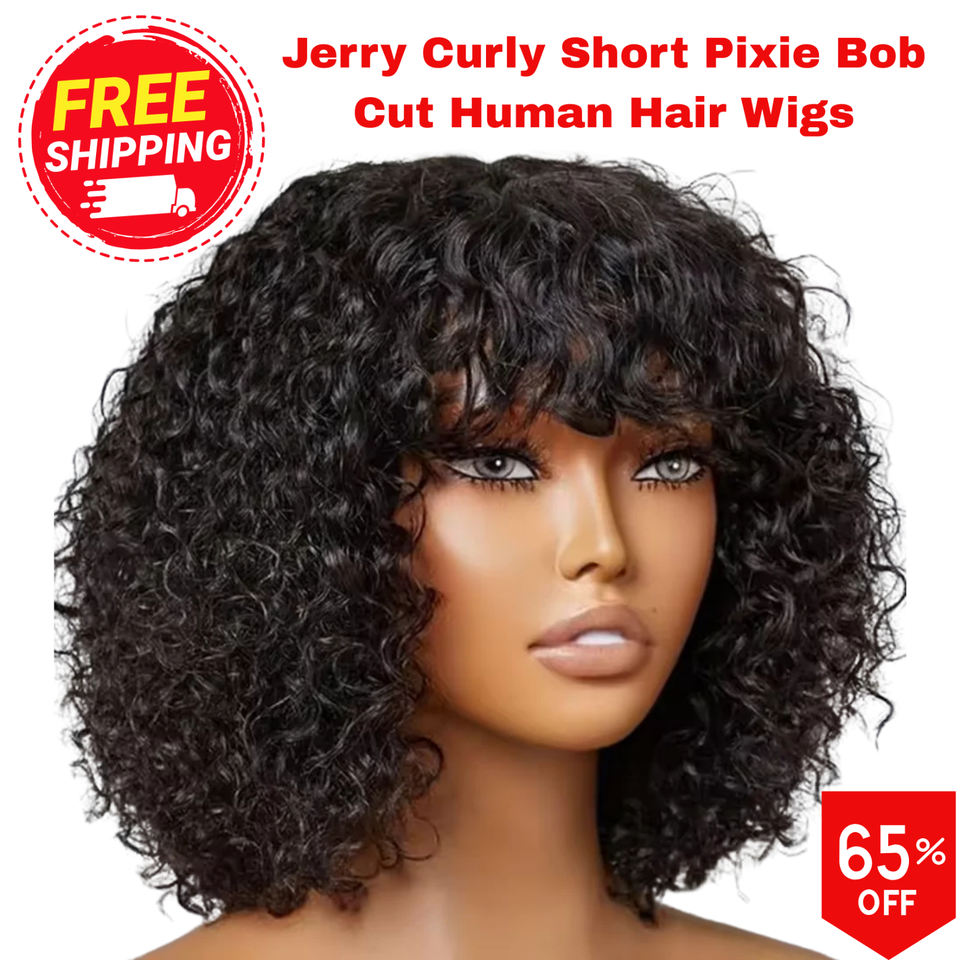 Premium Jerry Curly Short Pixie Bob Human Hair Wig With Bangs For Women ...