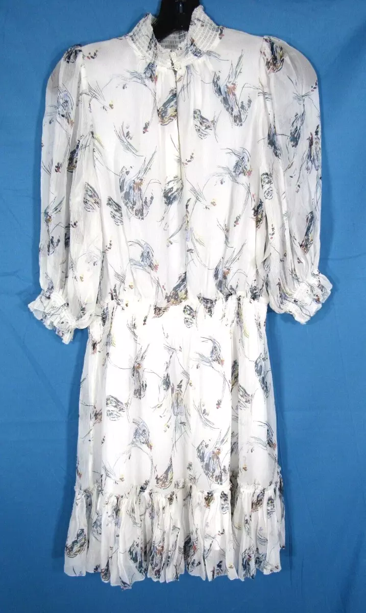 NWT JOIE Shima Dress WHITE GRAY MULTI High Neck CHIFFON Smocked Waist BLOUSON S eBay