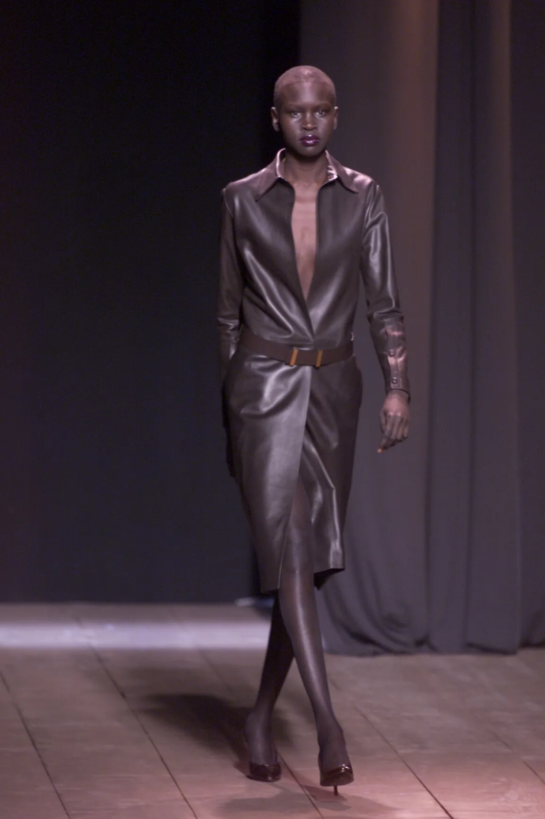 SAINT LAURENT Abito YSL vintage Alber Elbaz marrone midi pelle passerella taglia S autunno 2000