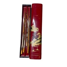 RED Lacquer Box with Chopsticks Vintage  Hand Painted Okinawan  10 1/4" L