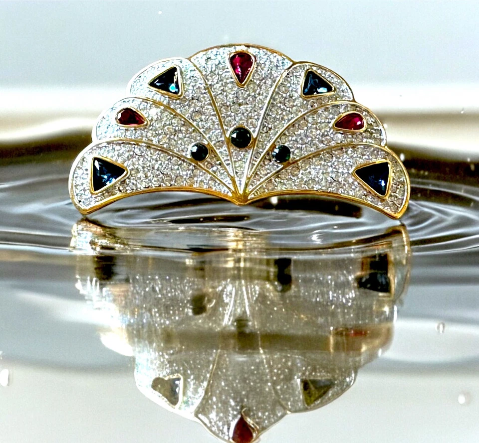 EXQUISITO BROCHE ABANICO PLUMA PAVÉ MULTICOLOR SWAROVSKI 18K GP DIAMANTES DE IMITACIÓN PAVO REAL Foto 2 de 4
