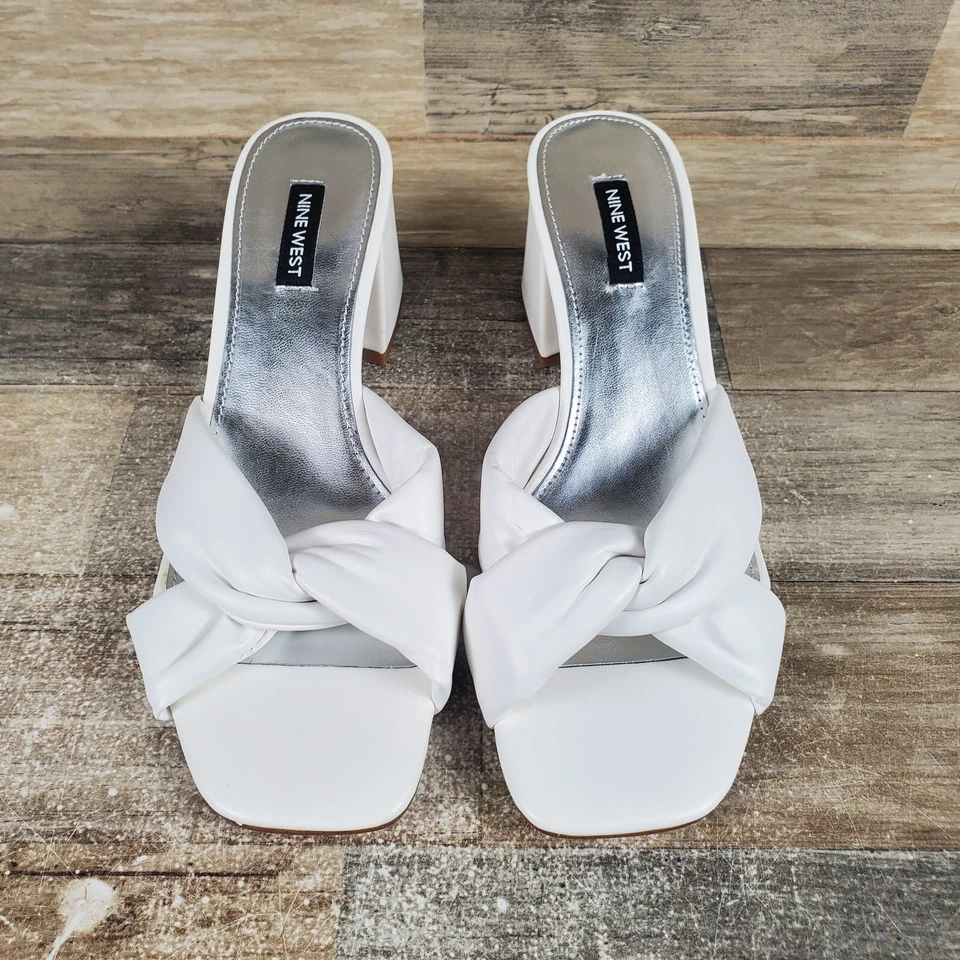 Nine West Gather 3 Womens Sandals Sz 9 M White Leather Square Toe Block Heel - Image 2 of 4