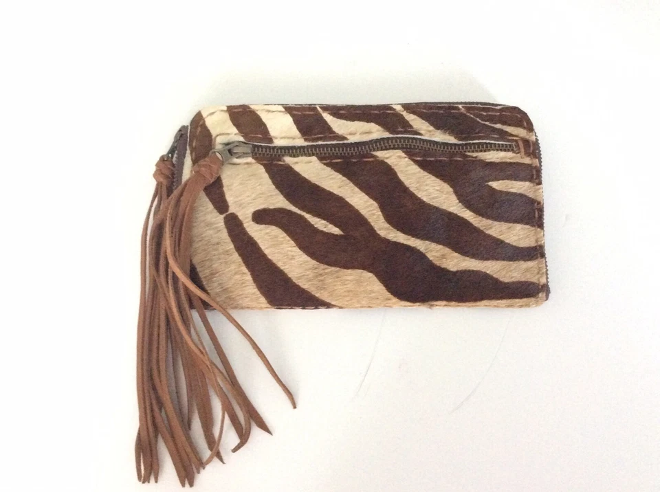 Hide and Fringe Leather Zippered Clutch Purse Handbag w/Printed Zebra Stripes