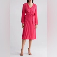 New Sam Edelman Pleated Long Sleeve Dress Plisse Balletcore Pink Sz 2