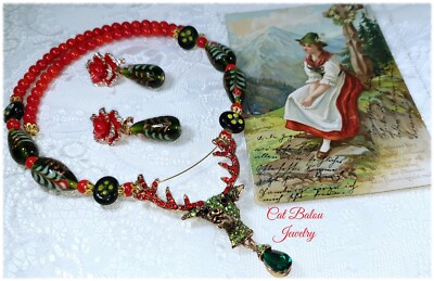 Der Wald ruft! Dirndl Schmuckset Kette Ohrringe Hirsch Vintage CatBalouJewelry