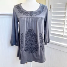 Garnet Hill 20614 Gray on Gray Monochromatic Folkloric Embroidered Top Small