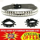 SetOF Gothic Spike Studded Wristbands & PU Leather Pyramid Belt UK Seller