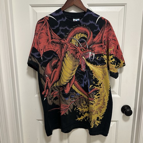 Camicia drago blu liquido vintage anni 90 stampa all over taglia XL