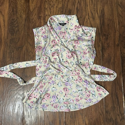 #ad Express Floral Sleeveless Wrap Tie Waist Peplum Blouse Top Beige Pink Size S $14.99