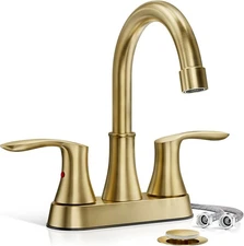 Brushed Gold Bathroom Sink Faucet Waterfall 2-Handle Centerset Vanity with Drain