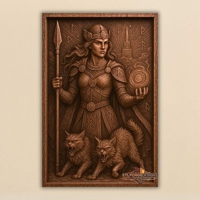 Freya Warrior Spear Magic Orb Snarling Cats STL CNC Relief 3D Norse Wood Carving
