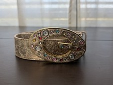 GUESS Genuine Leather Belt Large Gold G Logo Multicolor Rhinestone Studded Y2K