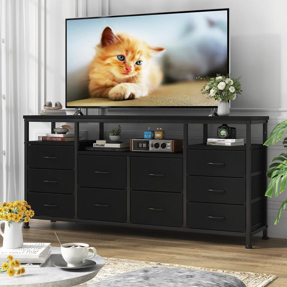 Suporte de TV cômoda com 10 gavetas, 63 polegadas de comprimento preto cômoda centro de entretenimento - Imagem 2 de 4