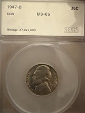 Toned 1947 D Jefferdon Nickel High Grade in a Slab