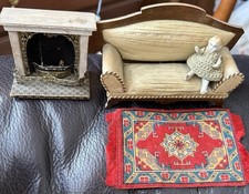 Antique Dollhouse Miniature German Wooden Biedermeier Sofa  Fireplace