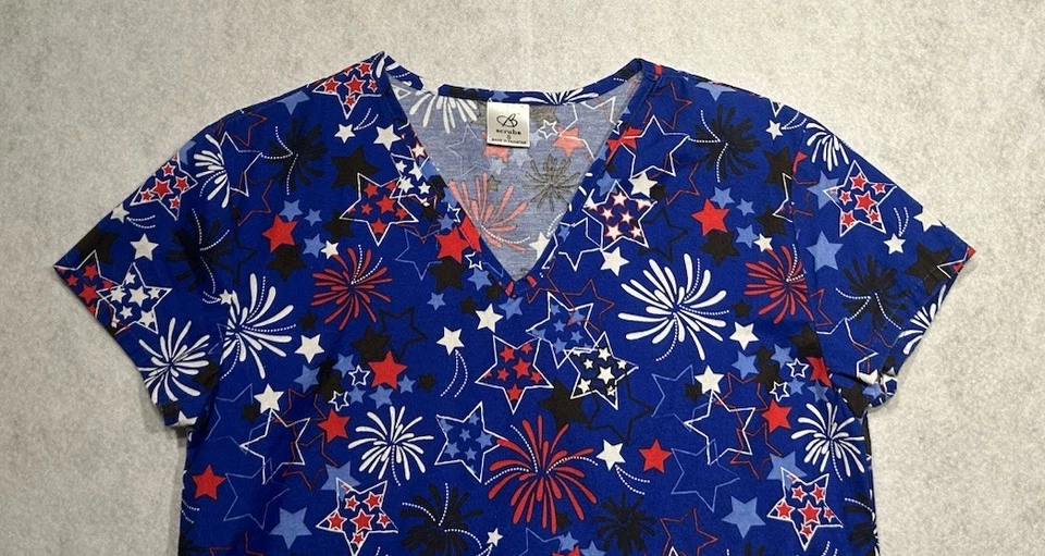 B Scrubs Scrub Top 4th Of July Stars Fireworks Red White & Blue Ladies Size S - Image 2 of 4