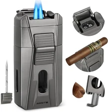Torch Lighter with Cigar Cutter V Cut, Cigar Punch, Double Jet Flame Cigar Li...