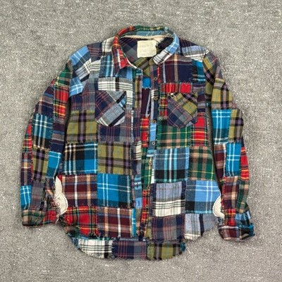 We The Free Shirt Women S Multicolor Patchwork Plaid Flannel Crochet Raw Hem