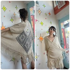 Vintage Western Fringe Knit Poncho Boho Shawl Cape Fairy Grunge Cottagecore S
