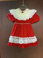 Fancy Girl Vintage Girls 4T Red Velvet White Lace Collar Ruffled Dress