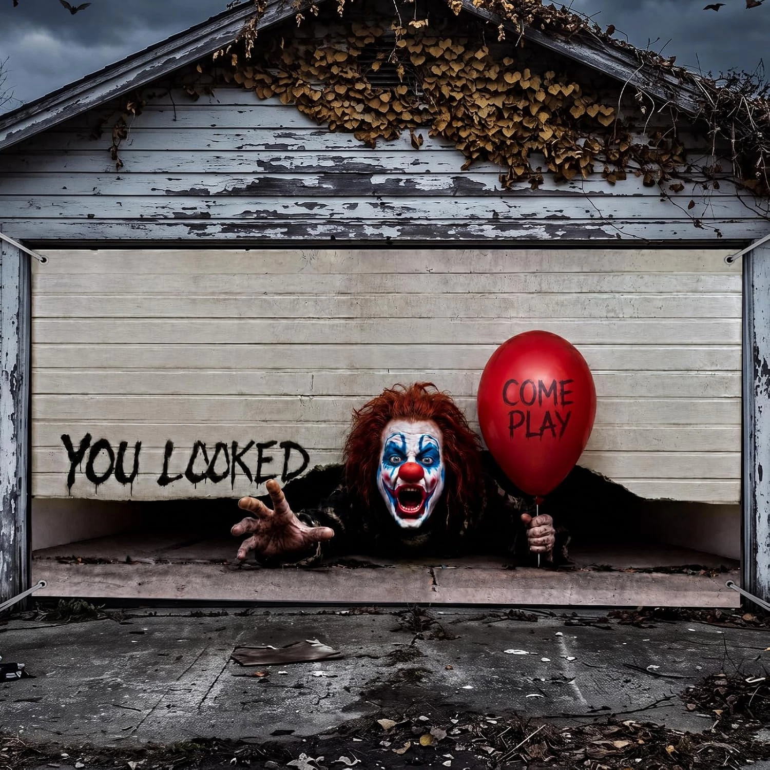 Halloween Garage Door Cover 7x16 Ft Scary Creepy Clown Horror Scene Banner Decor