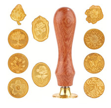 11Pc Wax Seal Stamp Set - Brass  Wooden Handle - 10Pcs Floral Stamp Heads - Wed