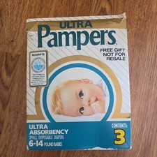 Vintage Box Of 3 Small Diapers Ultra Pampers Open Box Free Gift Sample 1980s