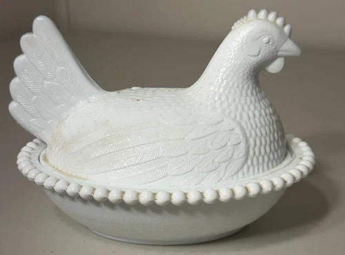 Vintage Milk Glass Hen on Nest Covered Dish - possibly Indiana Glass