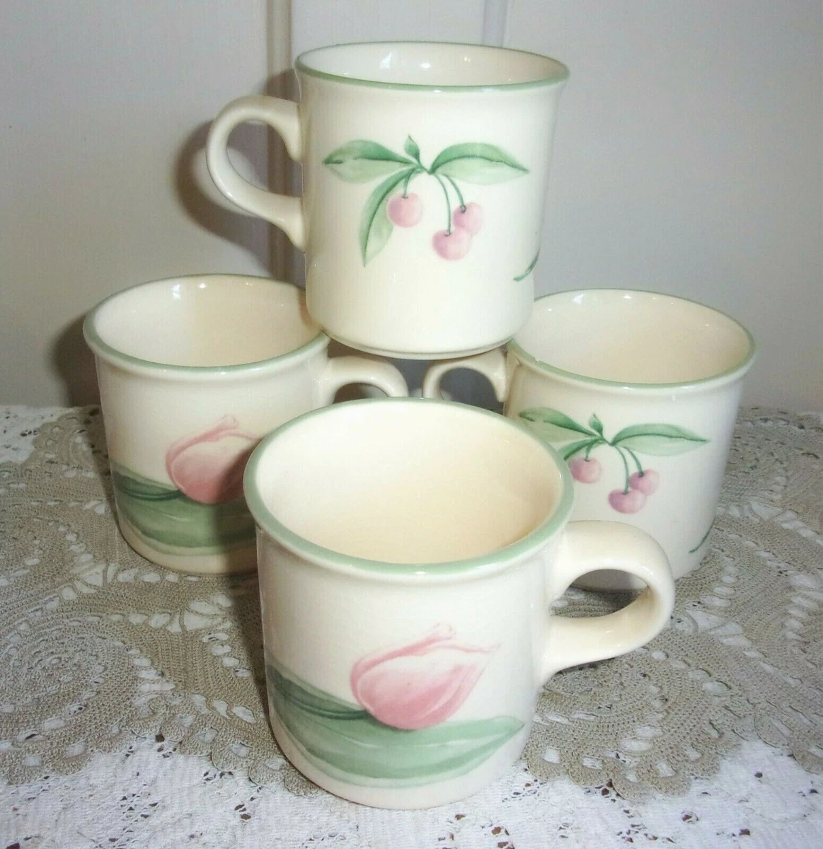 FOUR Pfaltzgraff Garden Party Tulip and Cherry 3.25 Inch Mugs 2