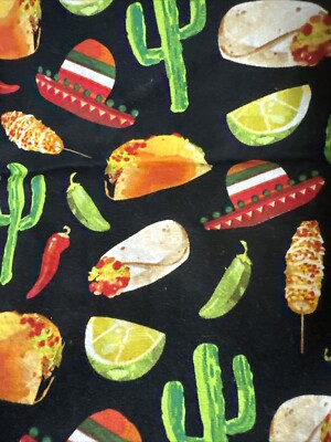 David Textiles Southwest Tex Mex Food on Black Cotton Fabric 1 Yard 44  wide