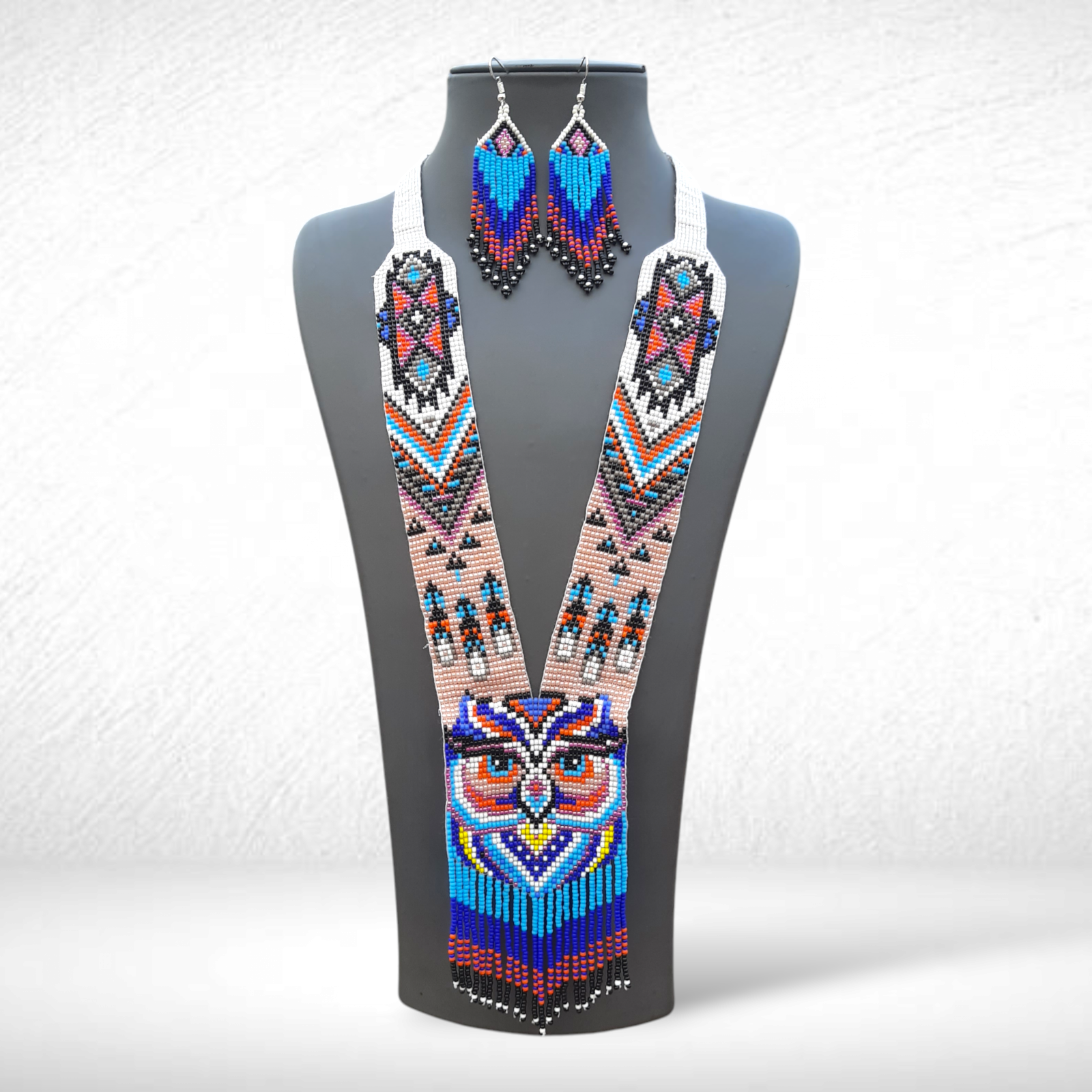 Handmade Boho Owl Necklace with Multi-Strand Seed Bead Earrings