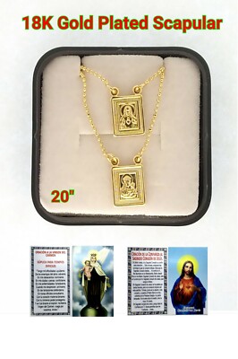 14k Gold Plated Our Lady Mt Carmel Sacred Heart Jesus Scapular Necklace 
