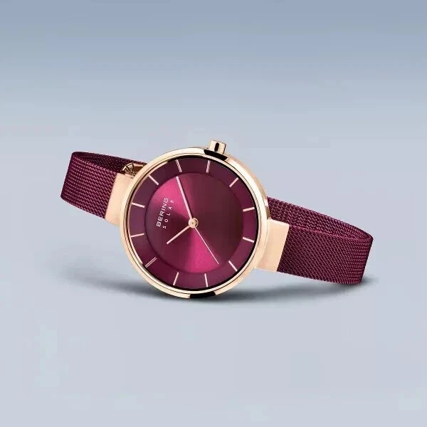 Reloj Bering Para Mujer Delgado Solar Rosa Púrpura Oro Rosa Banda Milanesa 14631-969 Foto 4 de 4