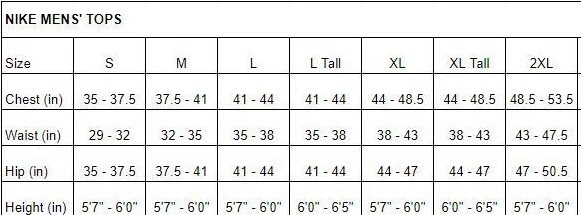 Nike pullover cheap size chart