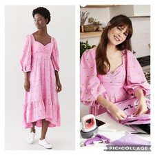 Farm Rio XS Embroidered Pineapples Pink Linen Midi Dress
