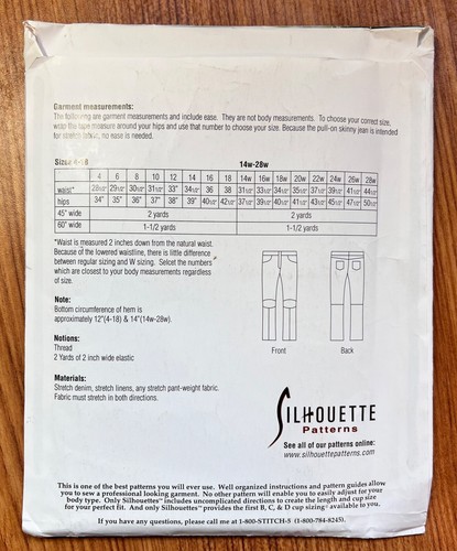 Silhouette 3316 Pull On Skinny Jeans Sewing Pattern Misses 4-18 & 14w-28w UNCUT - Picture 3 of 3