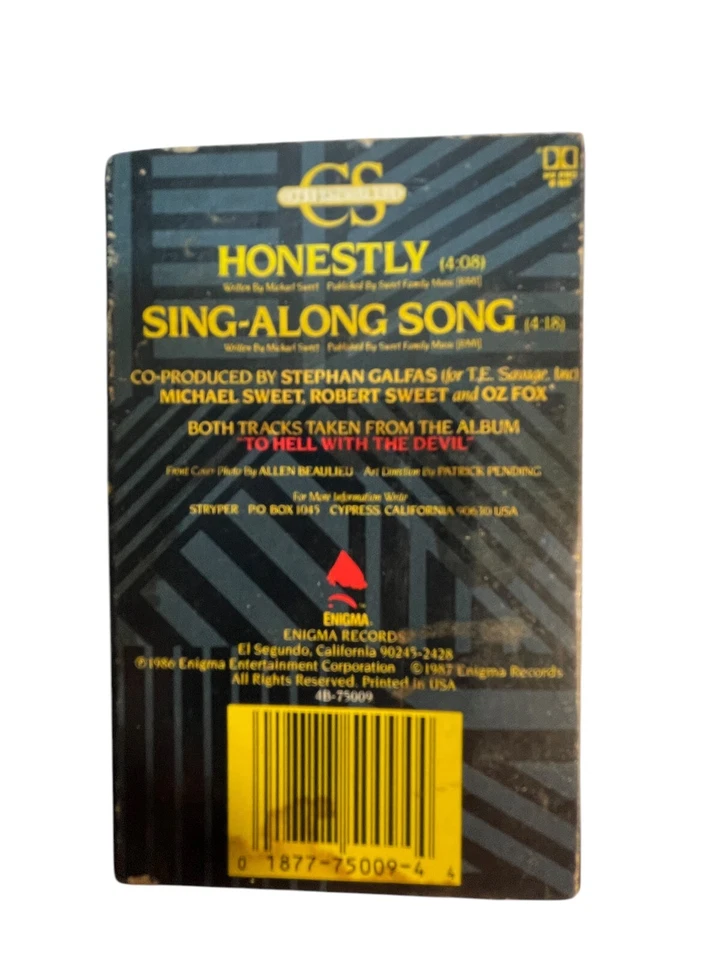 Stryper ‎– Honestly Cassette, Single 1987 Enigma Records ‎– 4B-75009 - Image 2 of 3