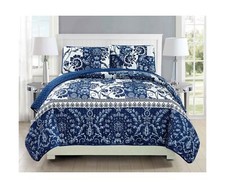 Mk Collection 3pc Full/Queen Bedspread Coverlet Set Quilted Floral White Navy...