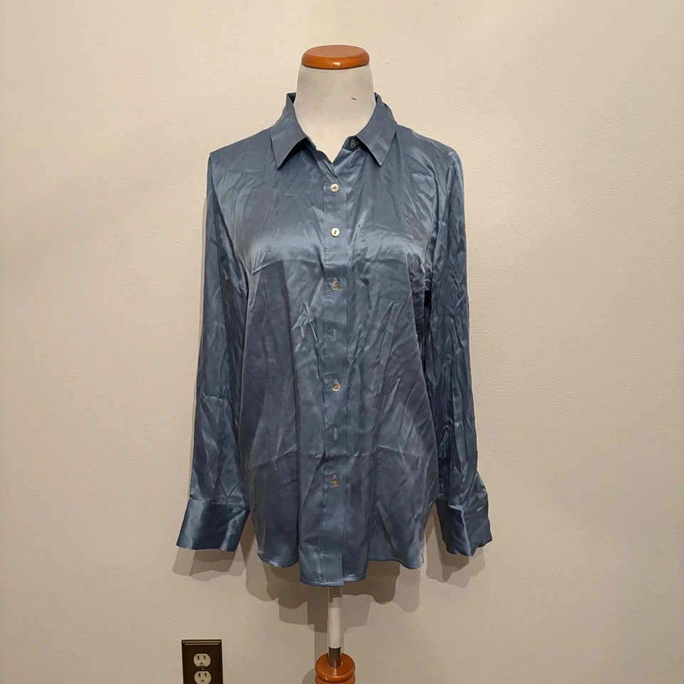 Camisa Blusa Joie 100% Seda Botón Azul Trabajo Negocios Talla Grande Foto 2 de 4