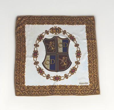 Christian Dior CD Silk Scarf LOGO Gold Coat Of Arms Vintage AUTH