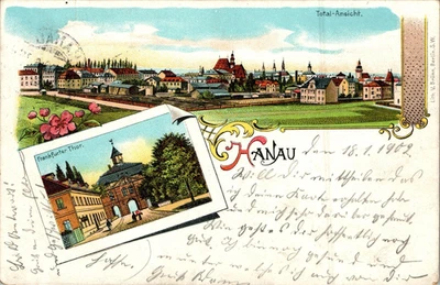 LITHO GRUß AUS HANAU MAIN KINZIG KREIS FRANKFURTER TOR 2 BILD COL. 1902 - Bild 1 von 2